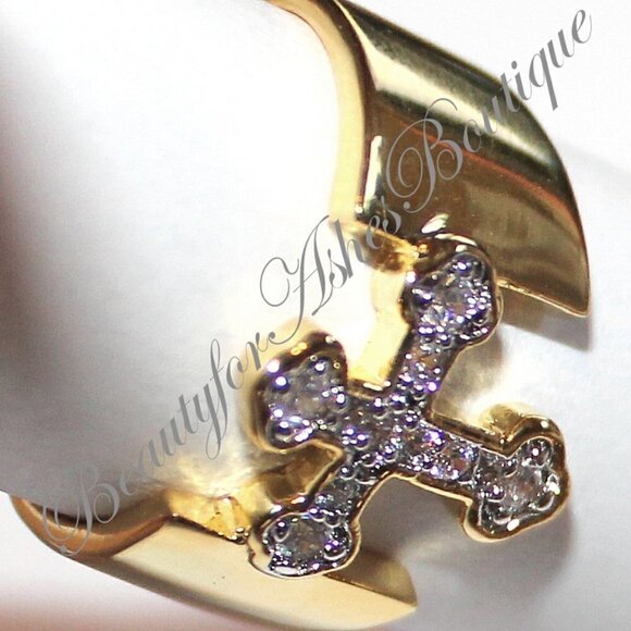 Divine Christian Open Band Cz Clear Cubic Zirconia Cross Goldrtone Brass Ring - Picture 5 of 8